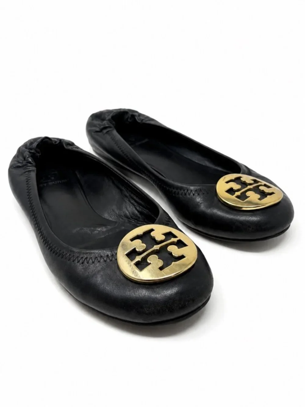 Tory Burch Reva Ballet Flats Black Leather Gold Logo Slip On Shoes Women's 7.5